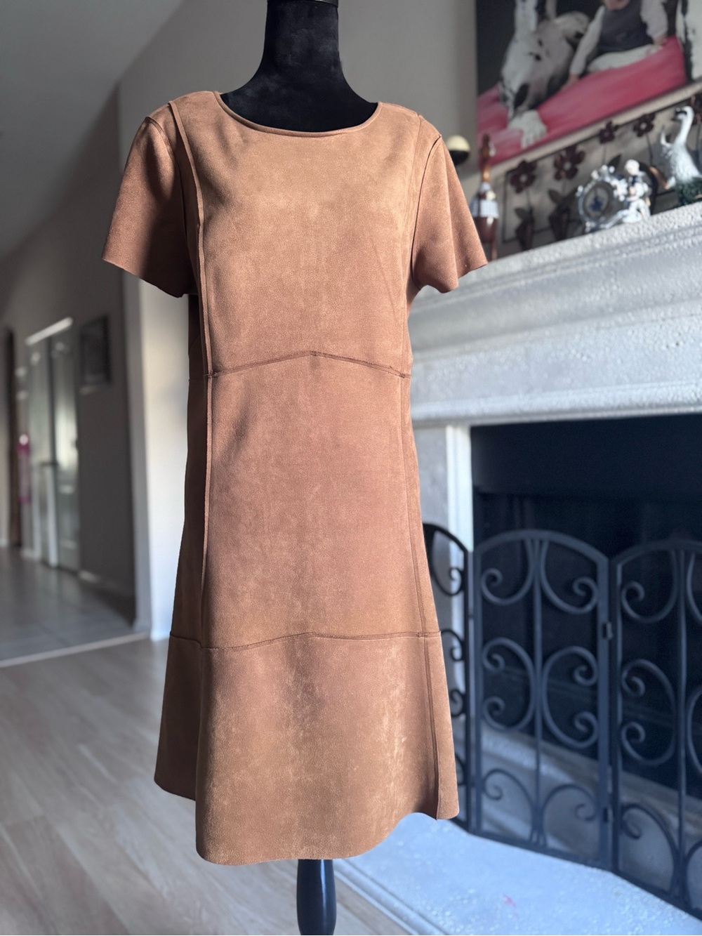 Classic Short-Sleeve Brown Suede A-Line Dress